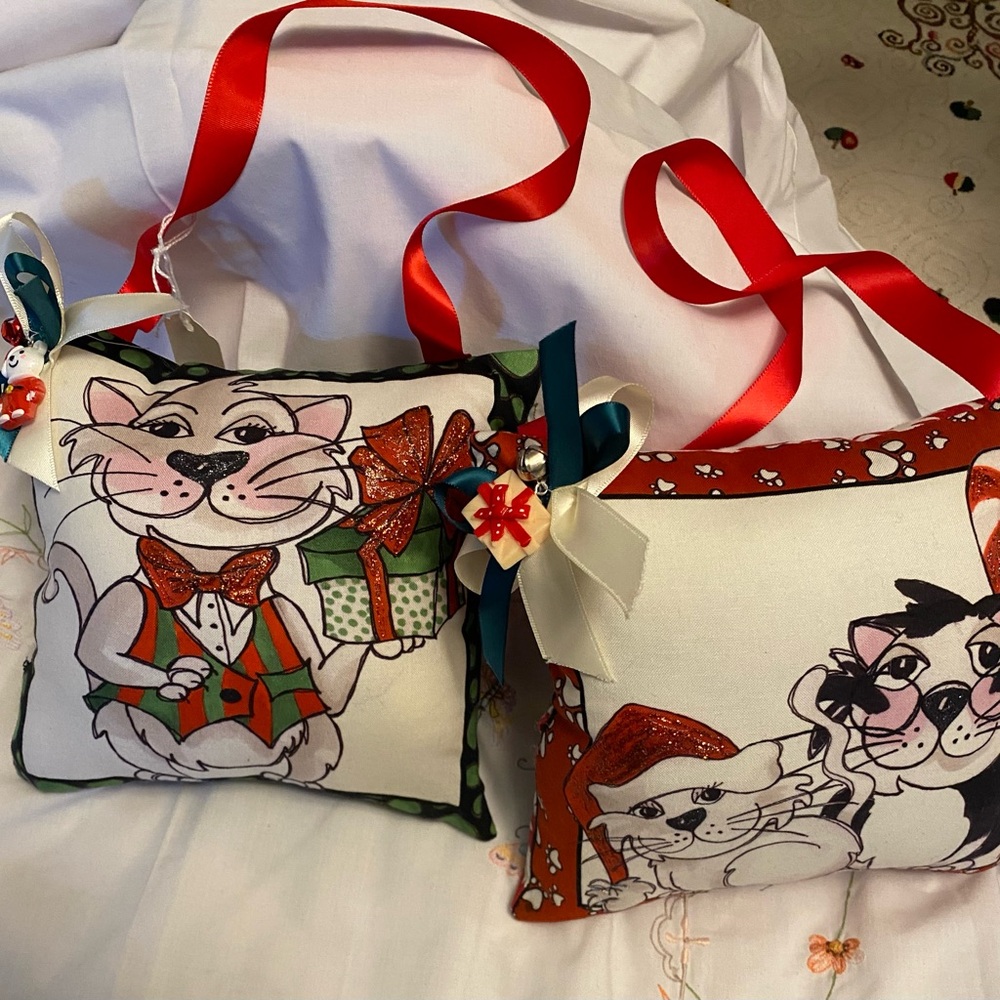Bundle of two so so cute festive cat  hanging pillows for the car lover.